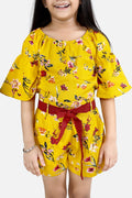 Mustard Floral Print Bell Sleeves Jumpsuit