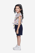 Bird Print Ruffle Top with Navy Belted Shorts Set