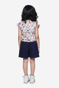 Bird Print Ruffle Top with Navy Belted Shorts Set