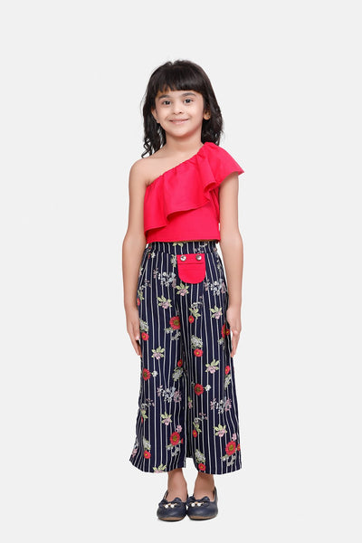One Side shoulder Dark Pink Top with Striped palazzo