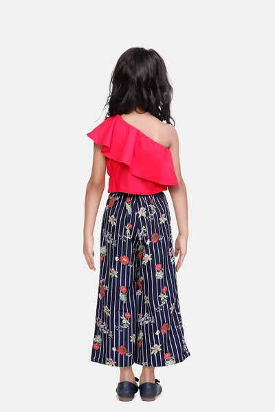 One Side shoulder Dark Pink Top with Striped palazzo