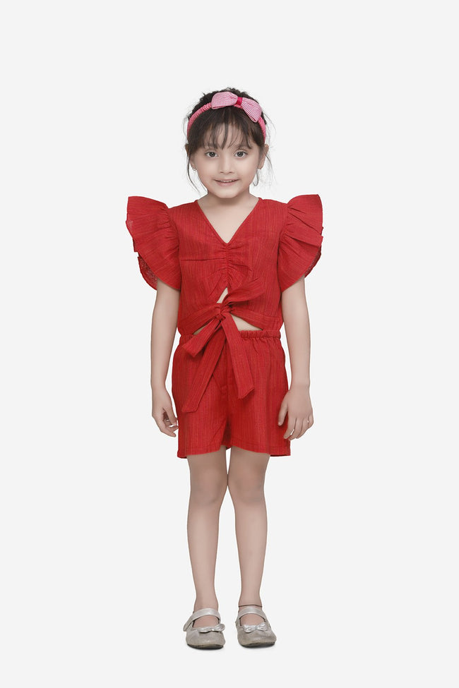 Lilpicks Red Cotton Weaved Stylish Jumpsuit
