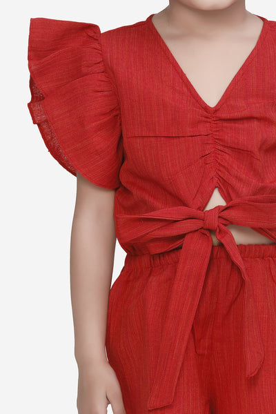 Lilpicks Red Cotton Weaved Stylish Jumpsuit