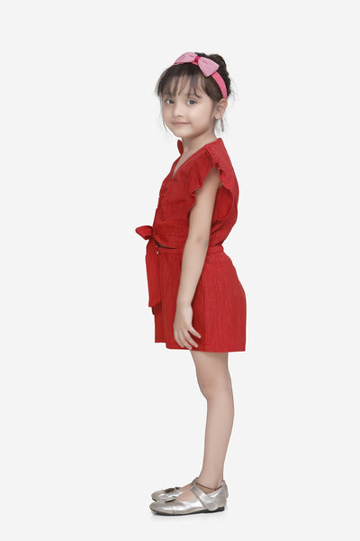 Lilpicks Red Cotton Weaved Stylish Jumpsuit