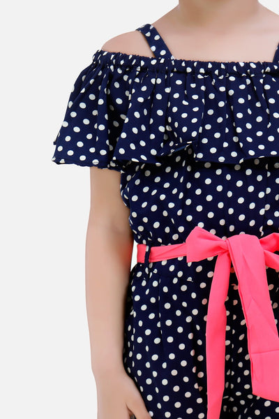 LilPicks Navy Polka Jumpsuit with Neon Belt