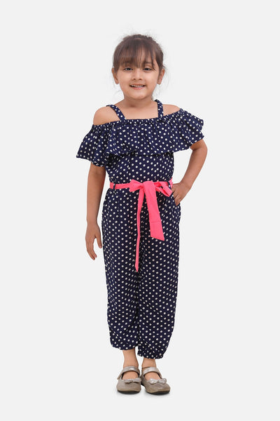 LilPicks Navy Polka Jumpsuit with Neon Belt