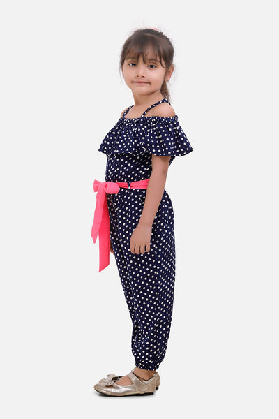 LilPicks Navy Polka Jumpsuit with Neon Belt