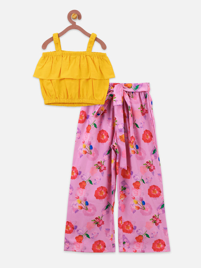 Lilipicks Strappy sunny yellow top and floral pink palazzo set