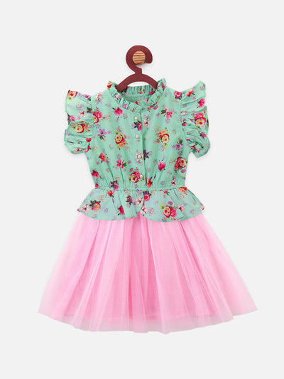 Lilipicks Green Pink floral Tulle Dress