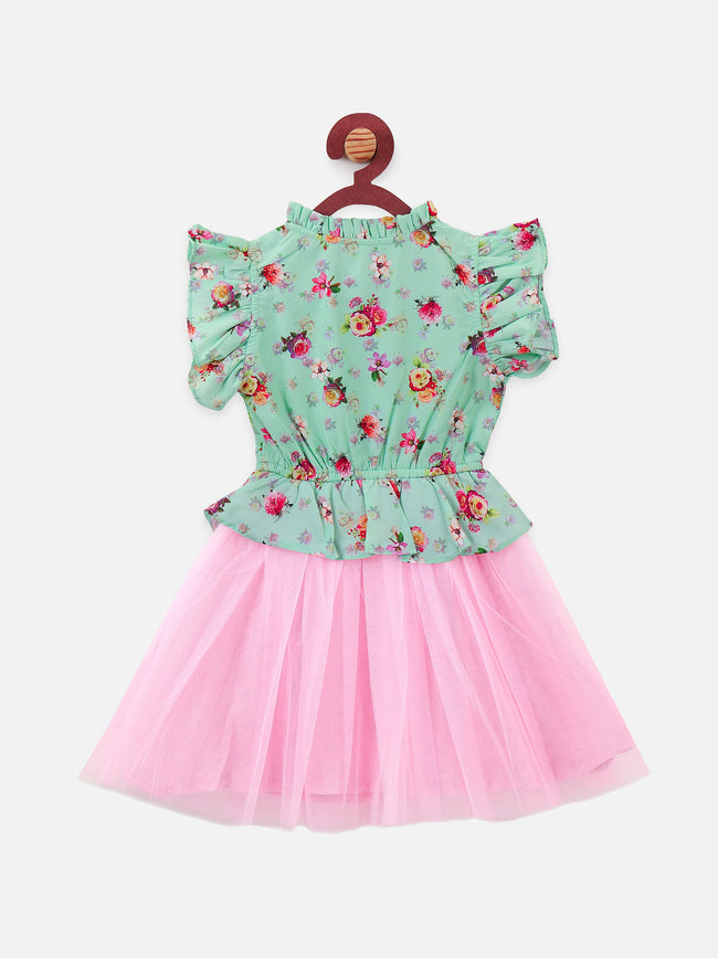 Lilipicks Green Pink floral Tulle Dress