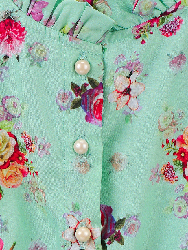 Lilipicks Green Pink floral Tulle Dress
