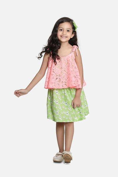 Lilipicks Green Floral with Peach Mesh Strappy Dress