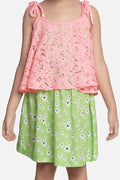 Lilipicks Green Floral with Peach Mesh Strappy Dress