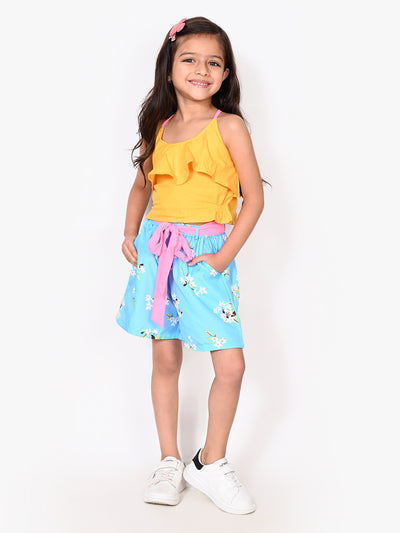 Yellow Crop Top with Sky Blue Shorts Set