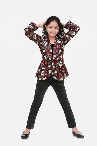 Wine Floral Elegant Digital Print Blazer