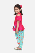 Lilpicks Hot Pink Peplum Suit with Green Floral Dhoti Set