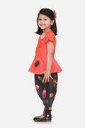 Lilpicks Orange Peplum Suit with Dark Grey Floral Dhoti Set