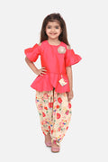 Lilpicks Coral Peplum Suit with Beige Floral Dhoti Set