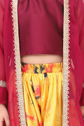 Lilpicks wine crop top printed Dhoti with georgette jacket set