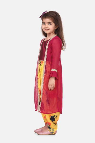 Lilpicks wine crop top printed Dhoti with georgette jacket set