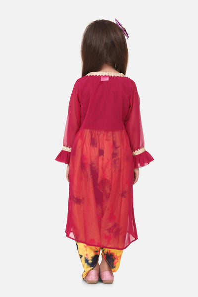 Lilpicks wine crop top printed Dhoti with georgette jacket set