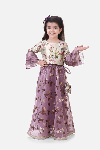 Lilpicks Floral Top with Wine Organza Skrit Set