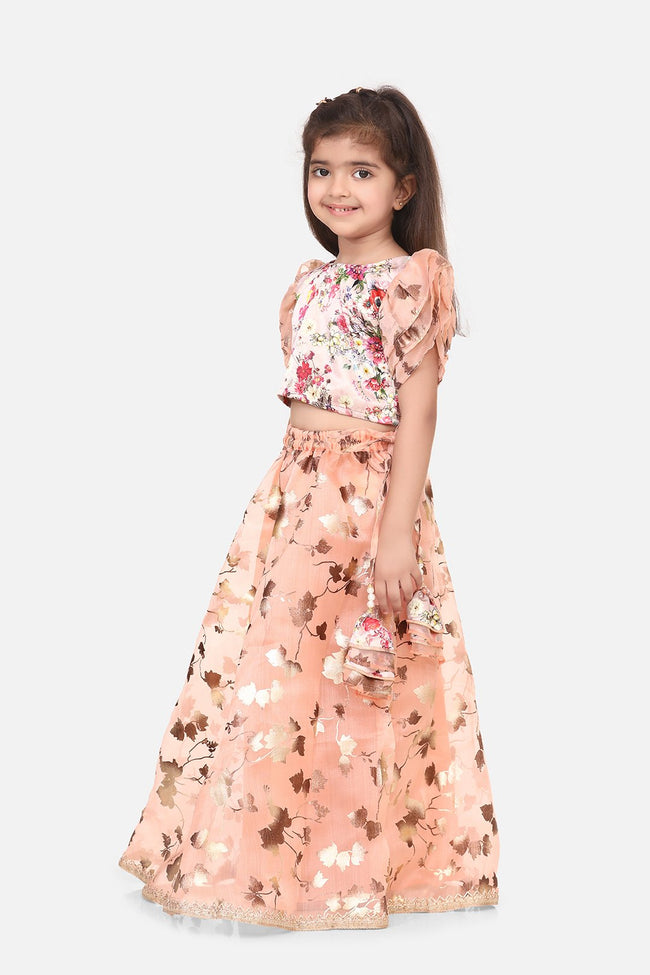 Lilpicks Floral Frilly Top with Peach Lehenga Set