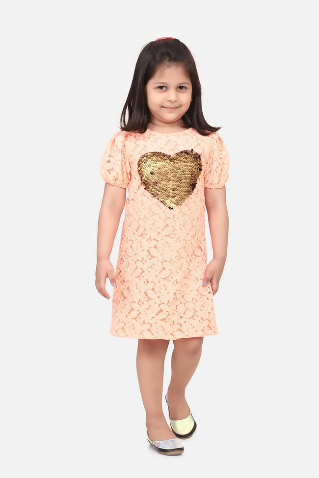 Peach Mesh sequin Patch Heart Dress