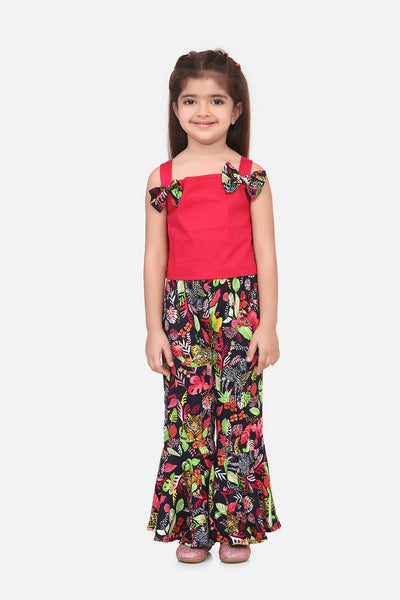 Dark Pink Crop Top with flared Pant Set