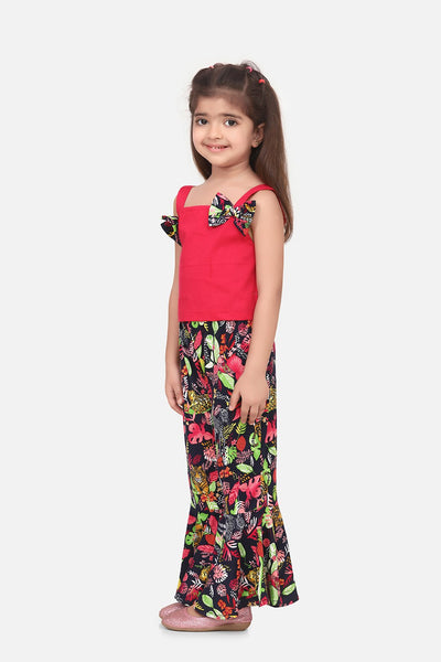 Dark Pink Crop Top with flared Pant Set