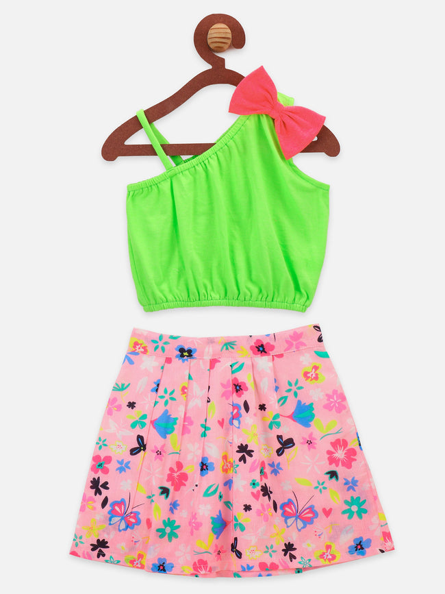 Neon Green Bow Crop top with Pink Floral Skrit Set