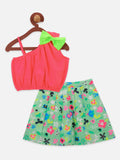 Neon Pink Bow Crop top with Green Floral Skrit Set