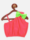Neon Pink Bow Crop top with Green Floral Skrit Set