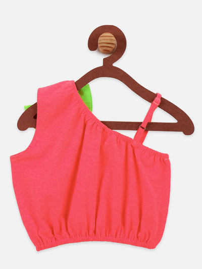 Neon Pink Bow Crop top with Green Floral Skrit Set
