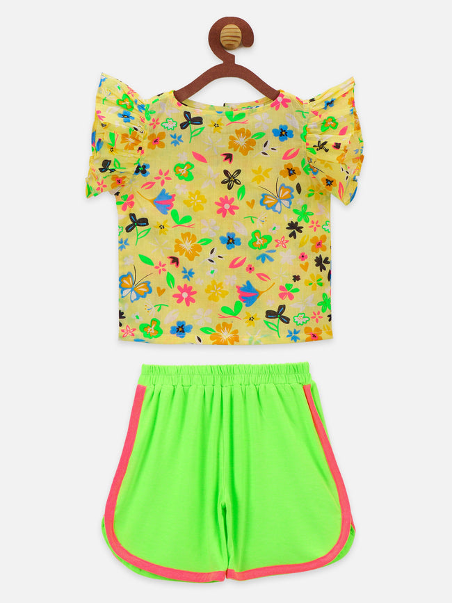 Floral two tops with Neon Green Shorts and Neon Pink Legging