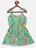 Green Flower Printed Bow Strappy Dress