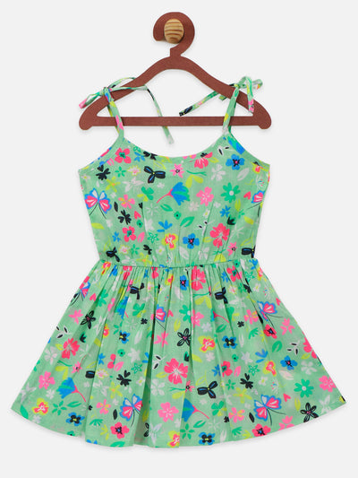 Green Flower Printed Bow Strappy Dress