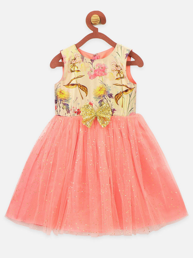 Elegant Peach Digital Print Shimmer Partywear Dress