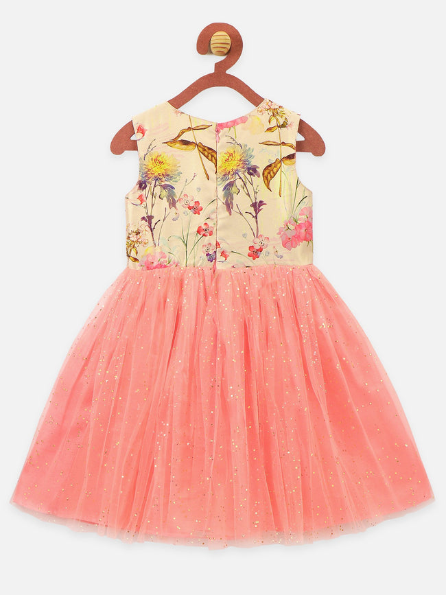 Elegant Peach Digital Print Shimmer Partywear Dress