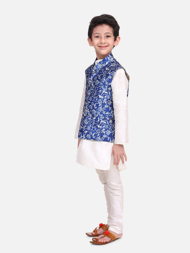 White Kurta Churidar with Elegant Blue Digital Print Nehru Jacket