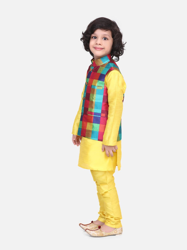 Bright Yellow Kurta Churidar with Colourful Digital Print Nehru Jacket