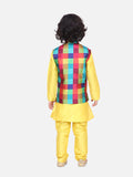 Bright Yellow Kurta Churidar with Colourful Digital Print Nehru Jacket