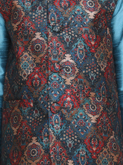 Turquoise Kurta Churidar with Elegant Motif Digital Print Nehru Jacket