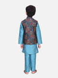 Turquoise Kurta Churidar with Elegant Motif Digital Print Nehru Jacket