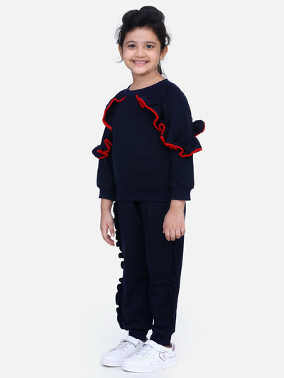 Navy French Terry Full Sleeve Ruffles SweatShirt With Jogger