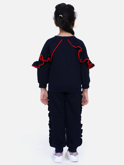 Navy French Terry Full Sleeve Ruffles SweatShirt With Jogger