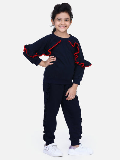Navy French Terry Full Sleeve Ruffles SweatShirt With Jogger