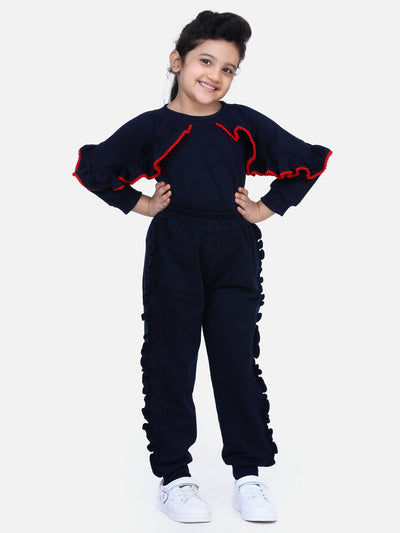 Navy French Terry Full Sleeve Ruffles SweatShirt With Jogger