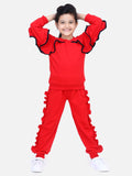 Red French Terry Full Sleeve Ruffles SweatShirt With Jogger