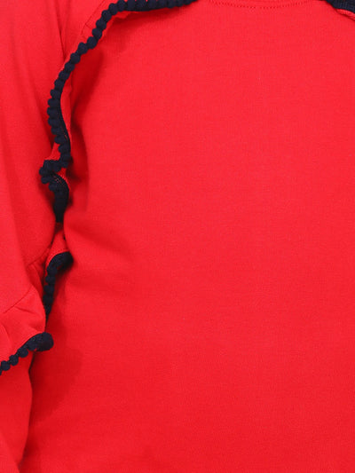 Red French Terry Full Sleeve Ruffles SweatShirt With Jogger